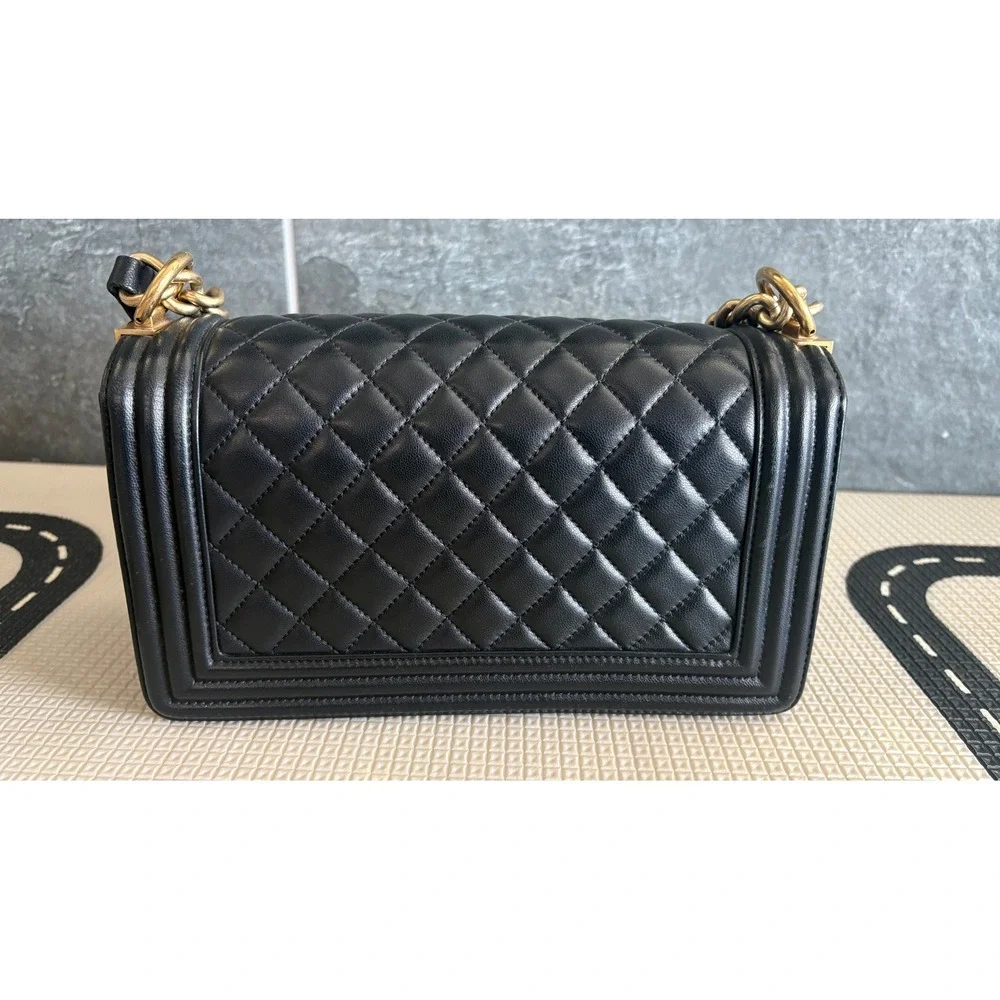 Chanel Boy Bag Old Medium Black Quilted Lambskin Aged Gold Hardware